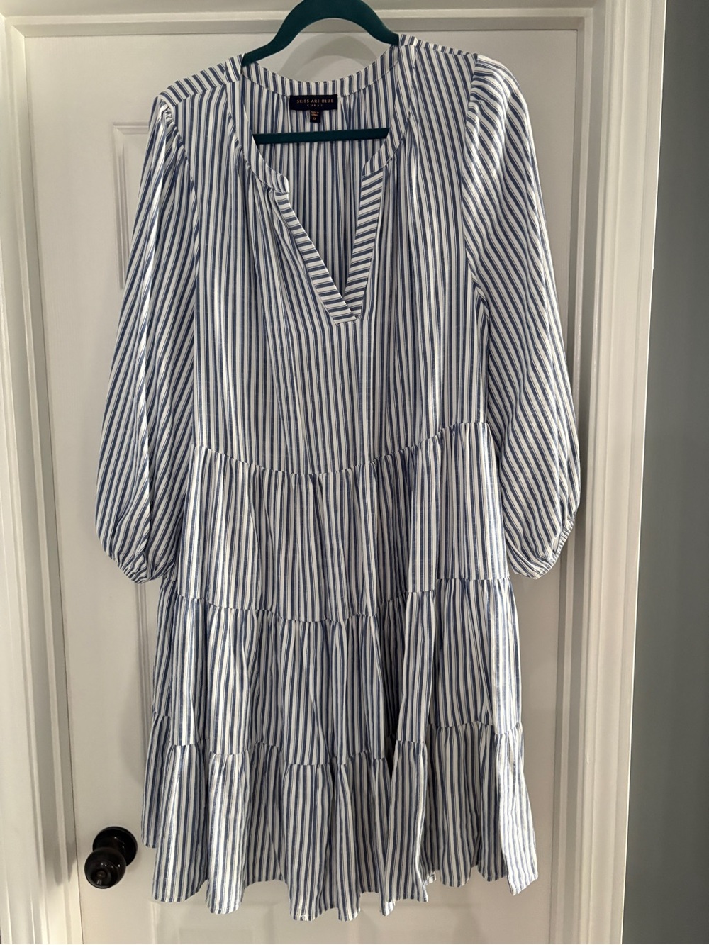 Blue and White Striped Tiered Long-Sleeve Dress